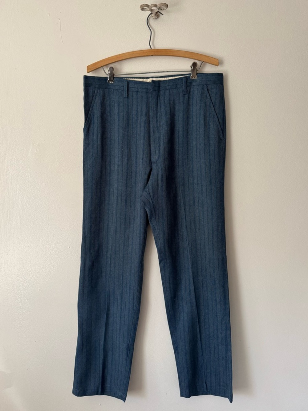 Vintage Men’s Indigo Herringbone Stripe Flat Front Trousers. 33” Waist